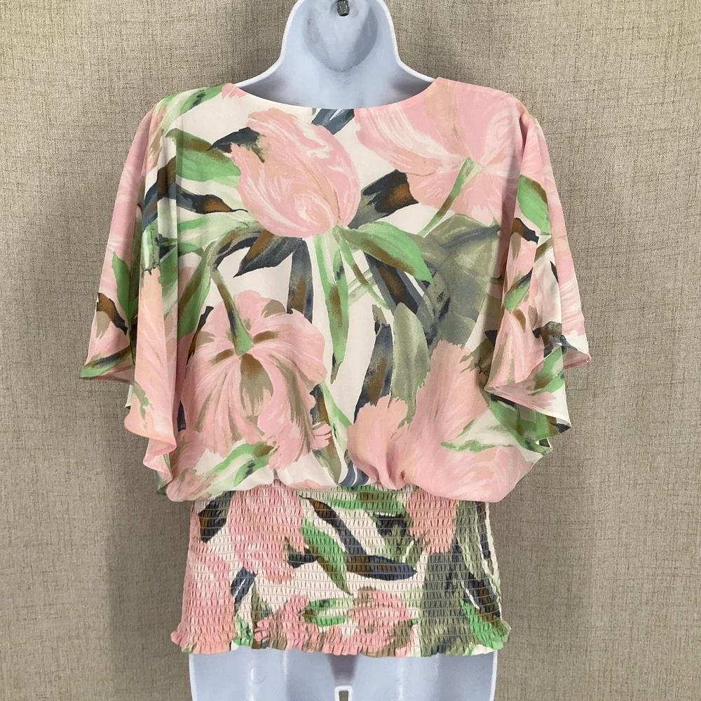 WHBM Blouse Womens‎ 12 Pink Floral Smocked Dolman Boho Airy Romantic Feminine